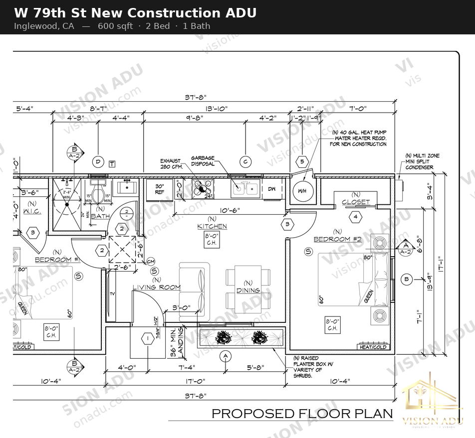 W 79th St New Construction ADU floor plan — Inglewood, CA, 600 sq ft, 2 bed 1 bath