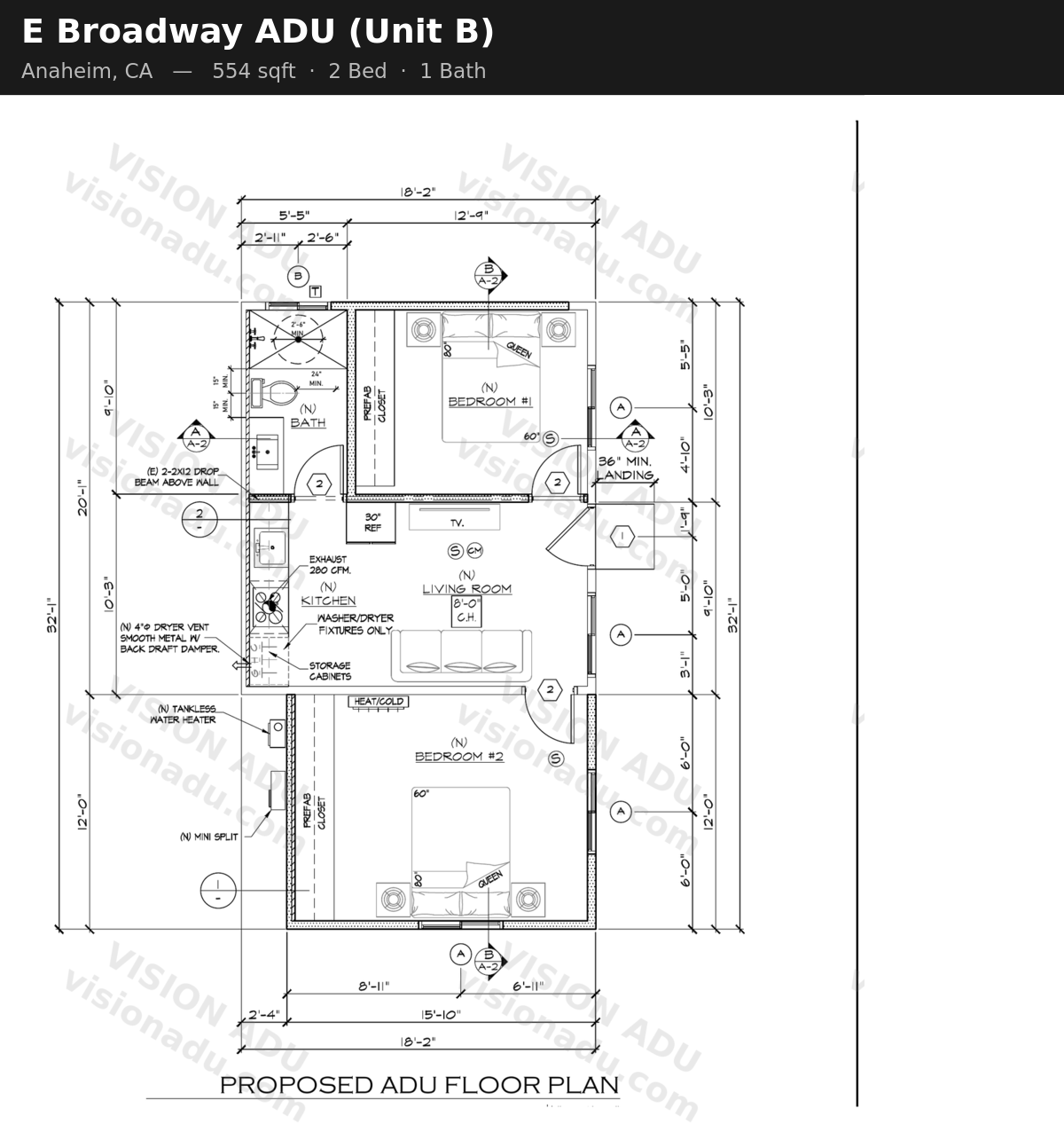 E Broadway ADU (Unit B) floor plan — Anaheim, CA, 554 sq ft, 2 bed 1 bath