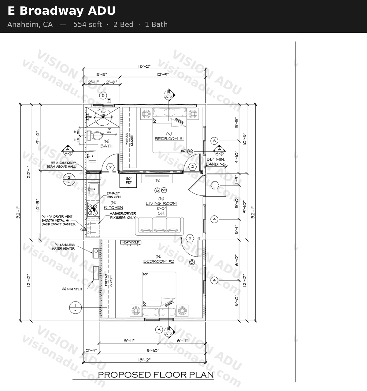 E Broadway ADU floor plan — Anaheim, CA, 554 sq ft, 2 bed 1 bath