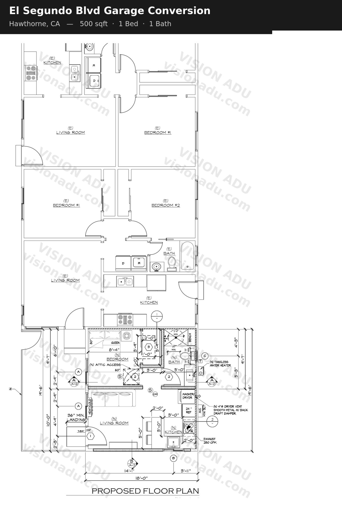 El Segundo Blvd Garage Conversion floor plan — Hawthorne, CA, 500 sq ft, 1 bed 1 bath