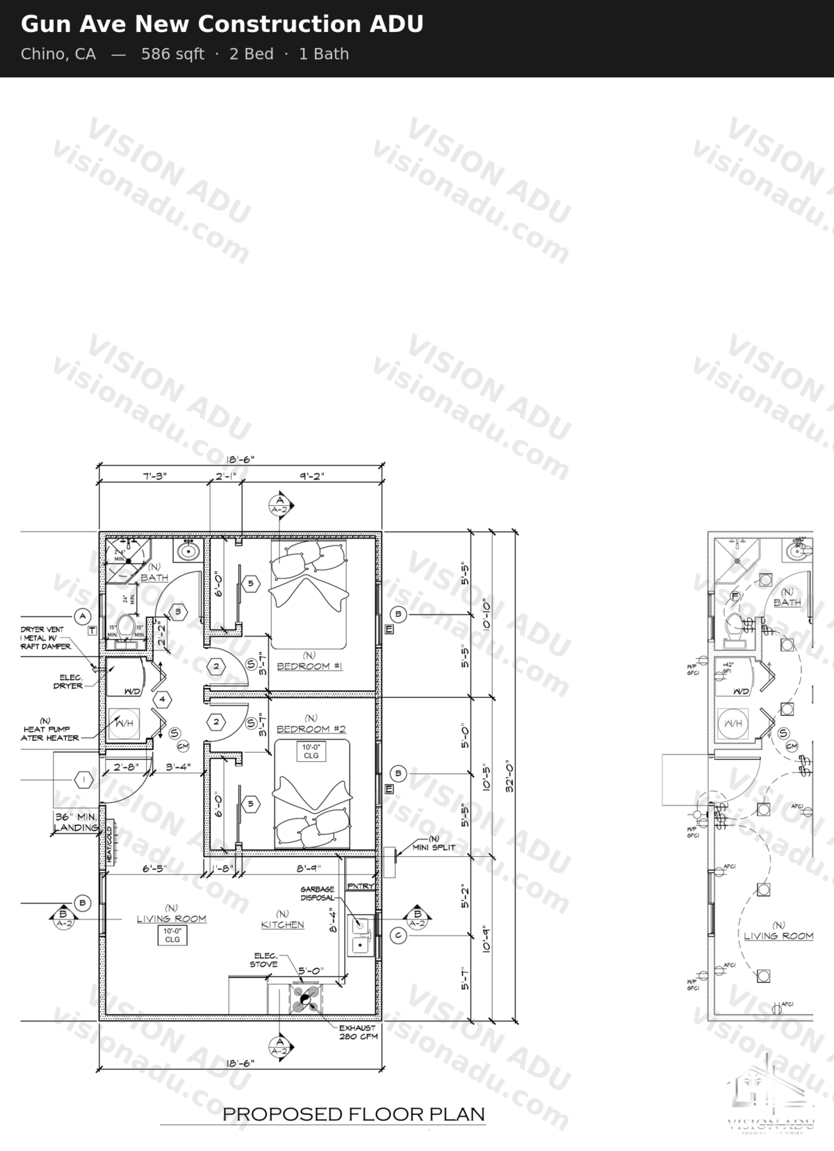 Gun Ave New Construction ADU floor plan — Chino, CA, 586 sq ft, 2 bed 1 bath
