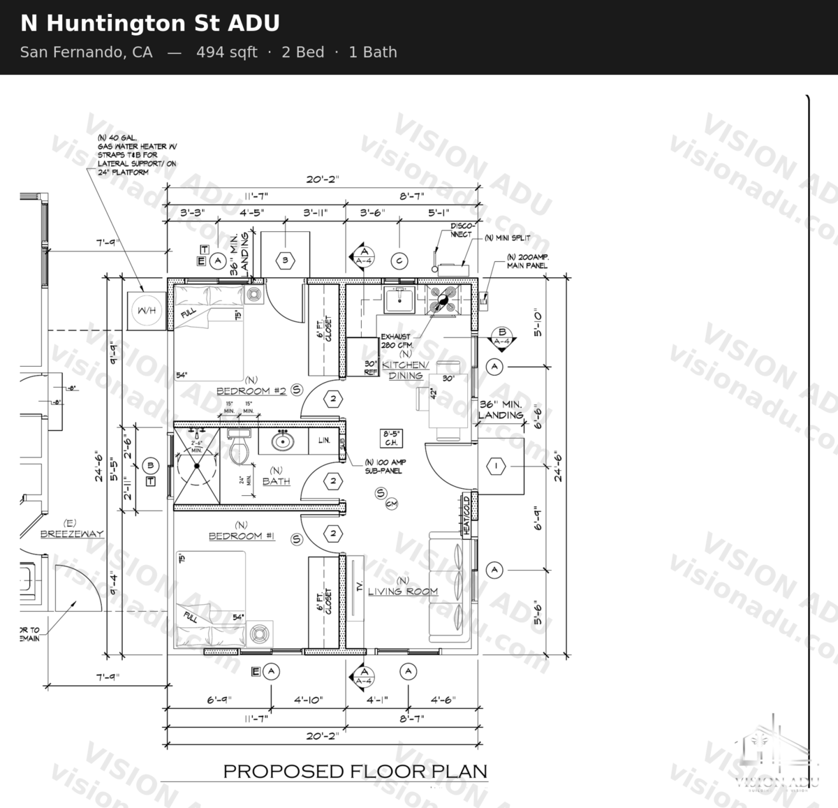 N Huntington St ADU floor plan — San Fernando, CA, 494 sq ft, 2 bed 1 bath