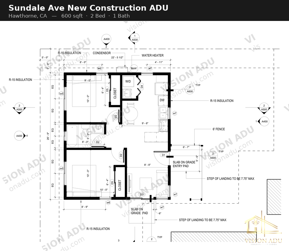 Sundale Ave New Construction ADU floor plan — Hawthorne, CA, 600 sq ft, 2 bed 1 bath