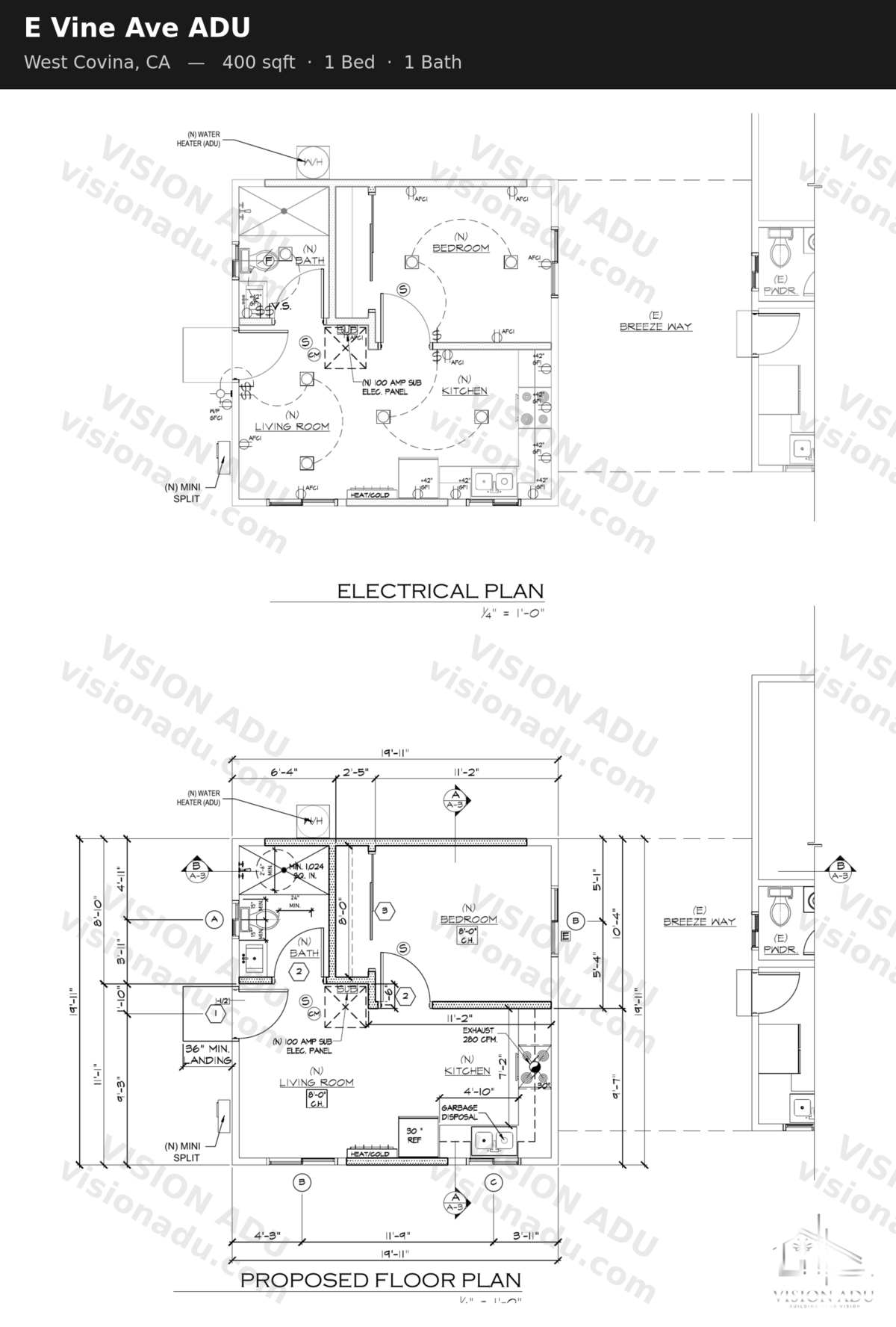 E Vine Ave ADU floor plan — West Covina, CA, 400 sq ft, 1 bed 1 bath