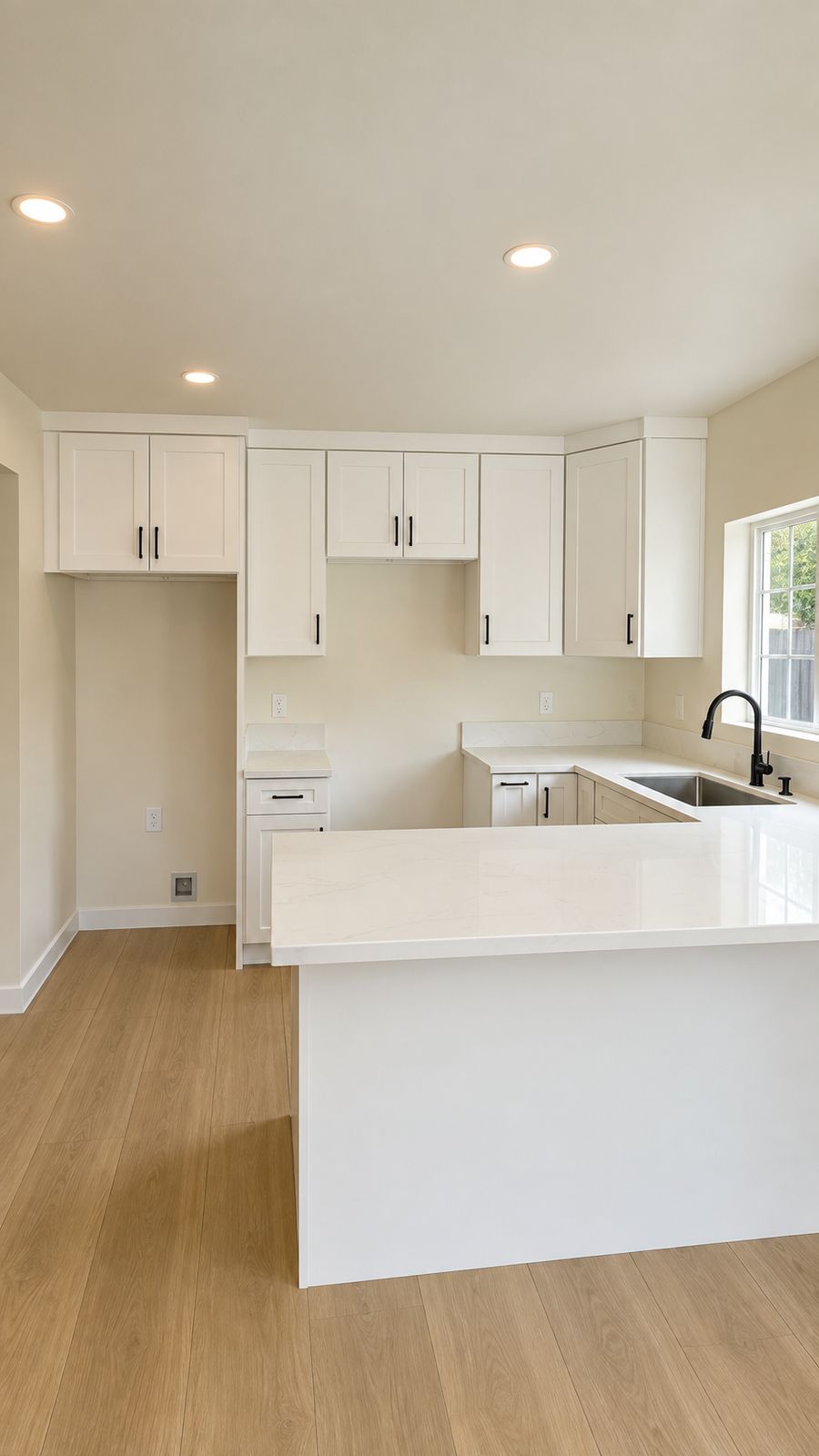 white kitchen with island, cabinets, sink, and recessed lights