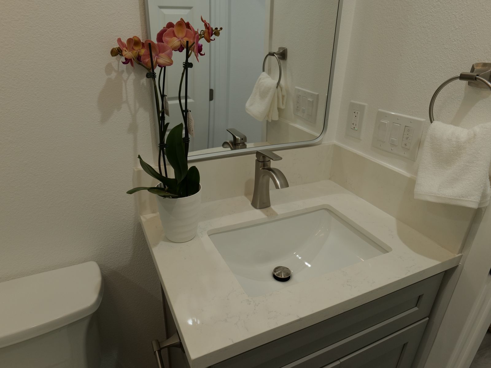 bathroom vanity with mirror, sink, towel ring, and decorative flowers