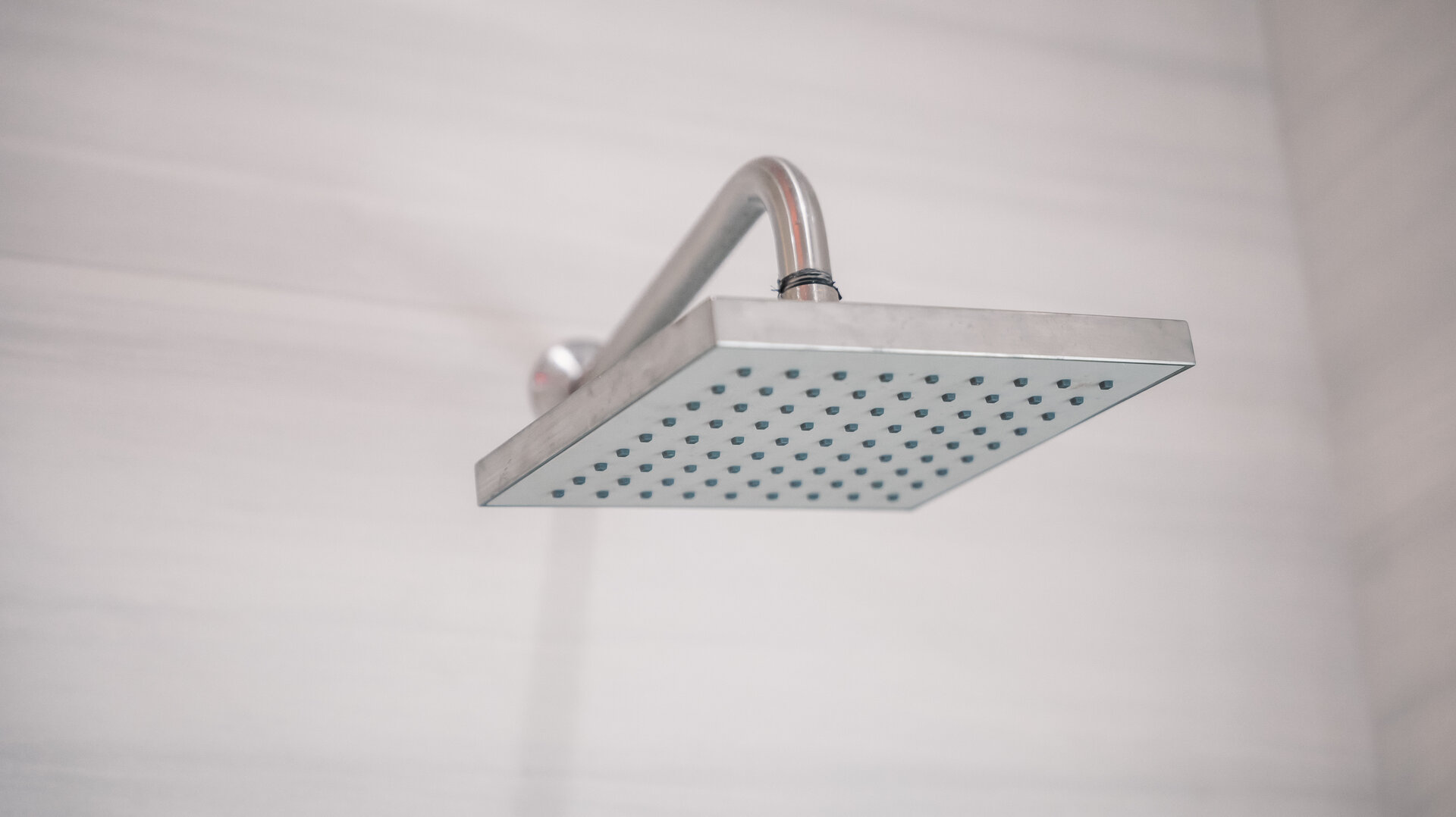 Rain shower head against pale bathroom tile
